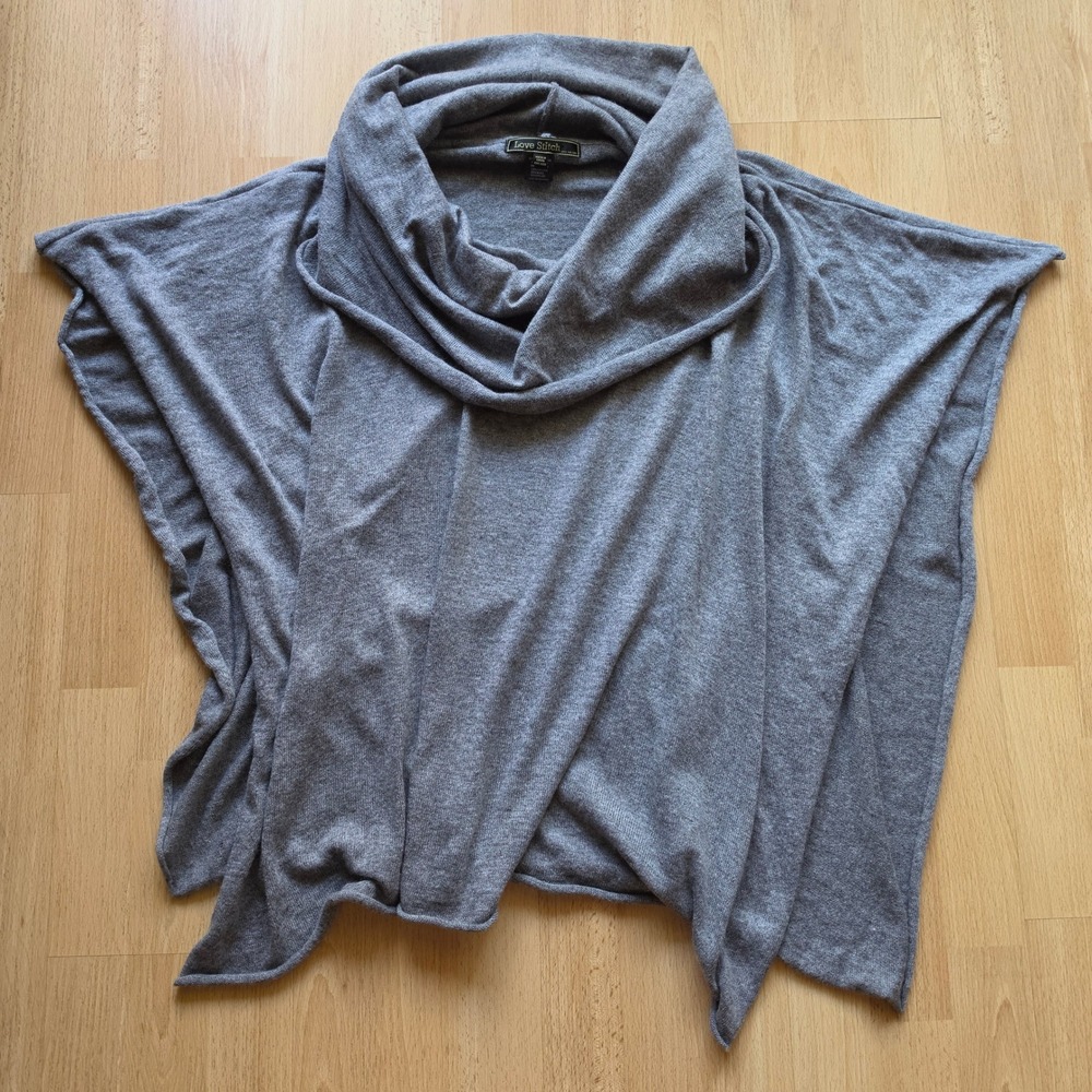 Love Stitch Gray Wool Angora Blend Cowl Neck Poncho Sweater One Size - Picture 2 of 8